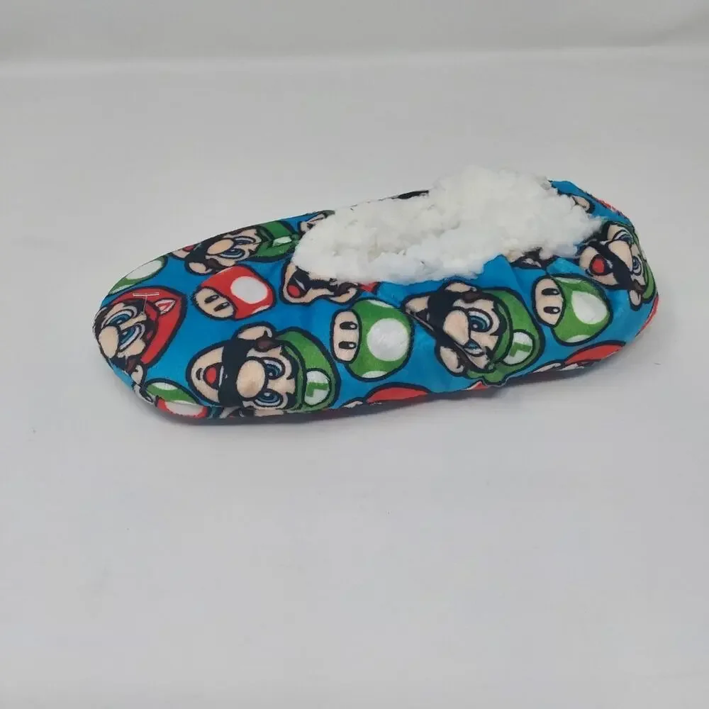 Nintendo Super Mario Luigi Plush Sherpa Slippers Kids Blue Cozy House Shoes 8-13
